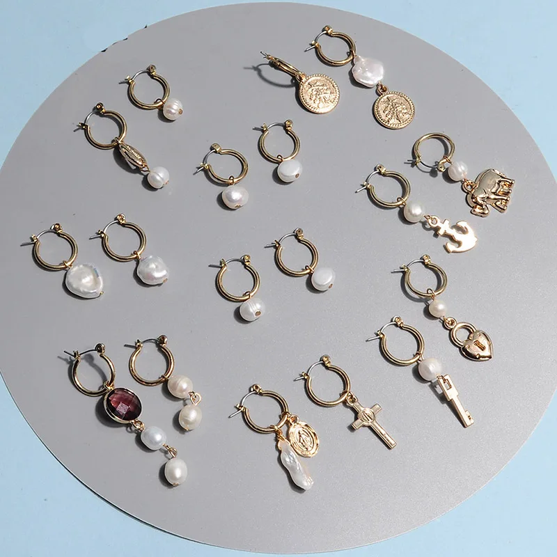 

Korea Style Imitation Pearl Hoop Earrings Asymmetric Circle Elephant Love Cross Lock Key Pendant Metal Earring Women Jewelry