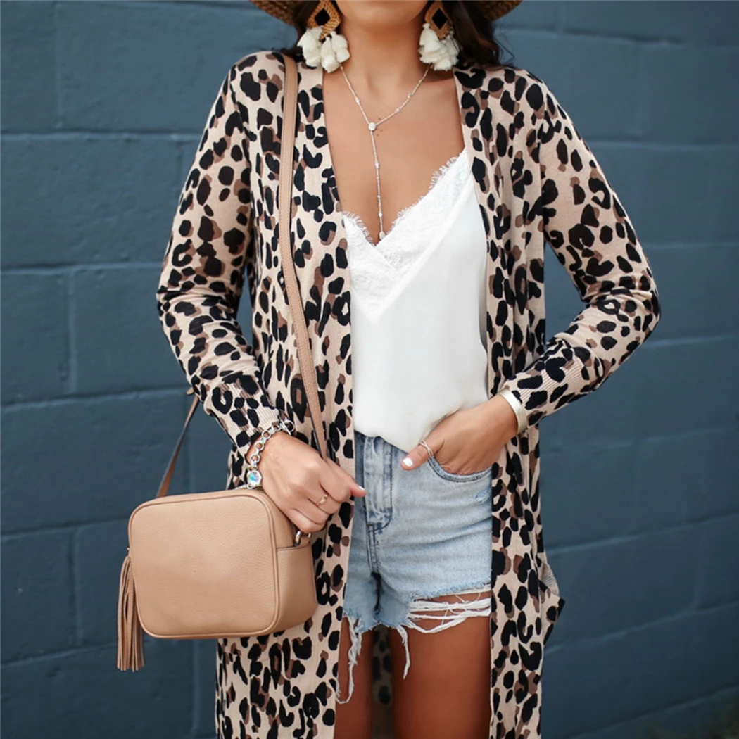 

2019 Long Sleeve Pocket Cardigan Jacket New Leopard Printed Long Coat Women Trench Autumn Spring Female Slim Thin Coats Outwear