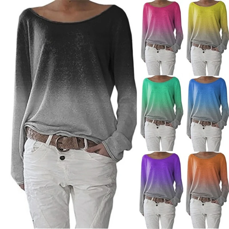 

T shirt Women Cotton Long Sleeve Tshirt Gradation Wide Collar Raglan Sleeve T-shirts for Women Female T-shirt Winter Autumn Tops