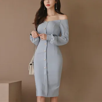 

Female Spring Elegant Blue Party Dress Long Sleeve Sexy Slash Neck Slim Pencil Dress Bodycon Club Office Lady Dress