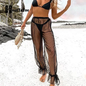 

Women Polka Dot See Through Mesh Beach Long Pants