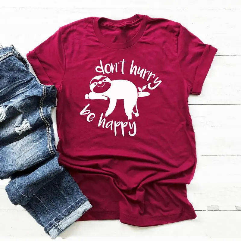 burgundy-white text Не спешите быть счастливым ленивым принтом Футболка Милая Унисекс Женская с круглым вырезом Tumblr забавная футболка Повседневная графическая лозунг футболки Топы Прямая поставка - Цвет: burgundy-white text