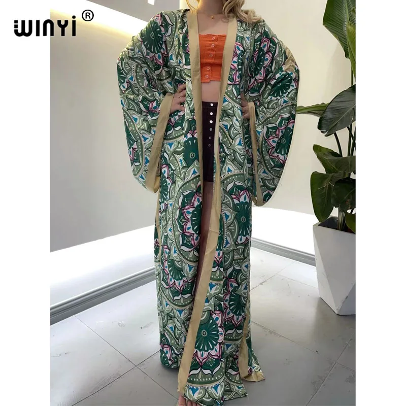 

WINYI 2022 Bohemian Printed Summer Vintag Beach Wear African Holiday Long Kimono Autumn kaftan Tunic Women party Tops twill Coat