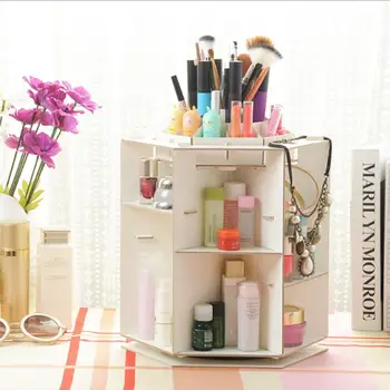 

DIY Wooden Cosmetic Organizer Box 360 Degree Rotation Make Up Case Jewelry Nail Polish Makeup Container Desktop Cosmetic Box