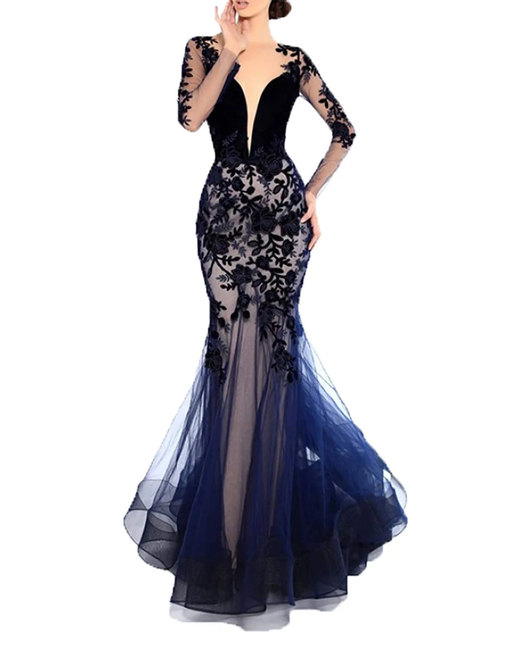 

Sexy Deep V-Neck Mermaid Prom Dress 2020 New Lace Appliqued Sweep Train Sheer Back Formal Evening Dress