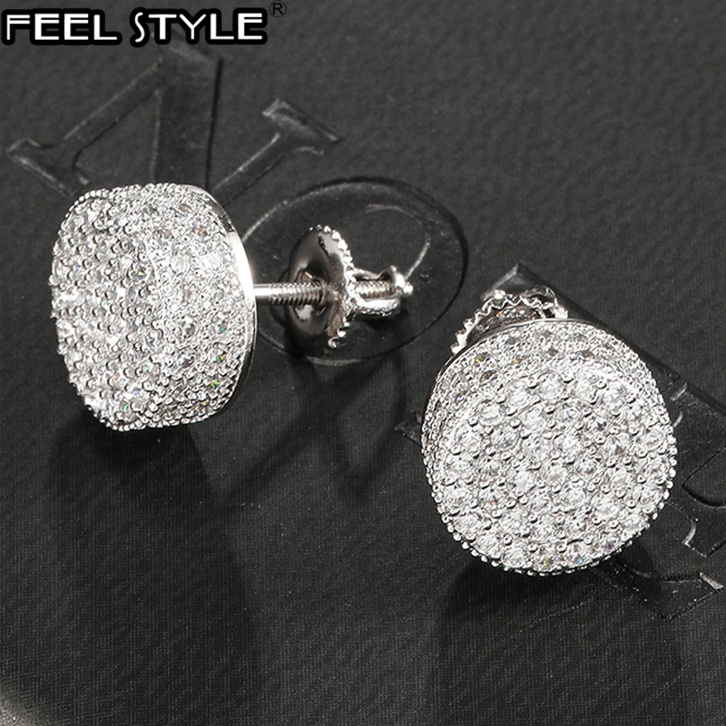 

Hip HOP 1Pair Micro Full Paved Rhinestone Round Zircon CZ Stone Bling Iced Out Stud Earring Copper Earrings For Men Jewelry