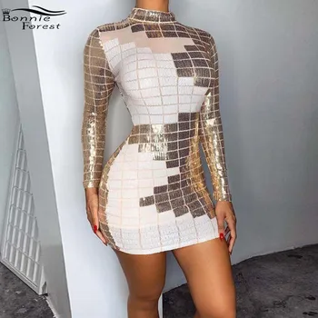 

Bonnie Forest Sparkle Contrast Sequins Bodycon Mini Dress Womens Long Sleeve Sequins Celebrities Party Dress Birthday Outfits