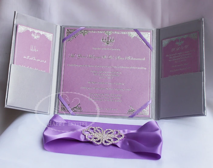 HI2003-91 Custom Silk Folder Invitation with Silver Foiling for Silver&Lilac Wedding More Colors Available Made in China