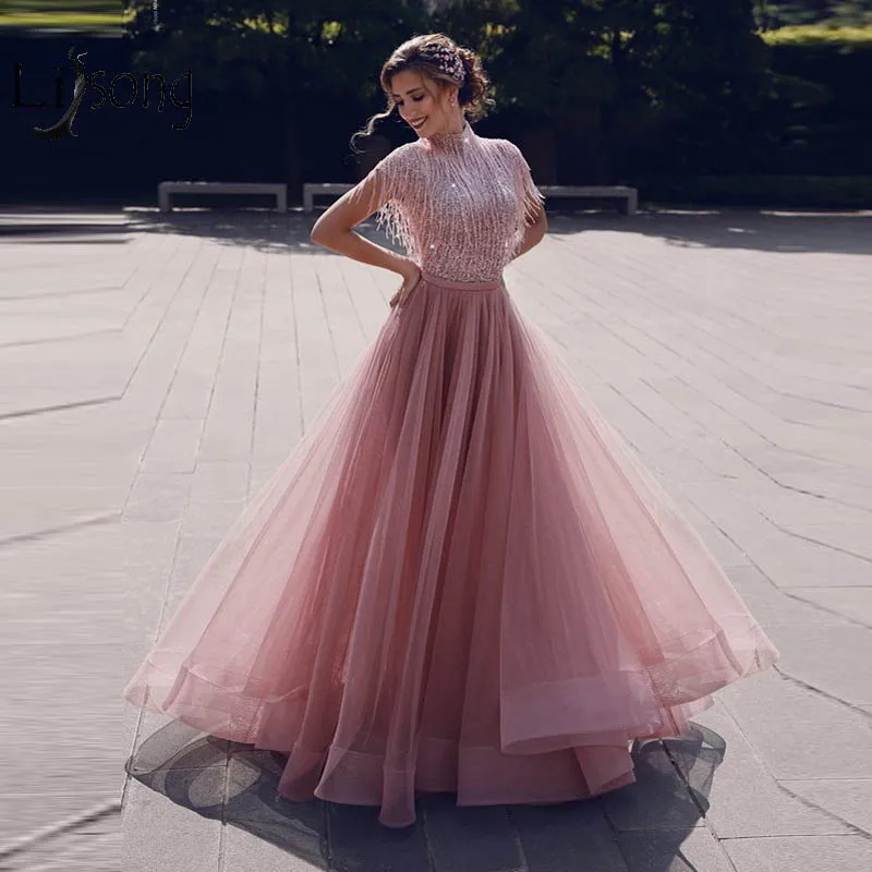 

Abendkleider 2019 Dusty Pink Sequined Evening Dresses Tassel Tutu A-line Prom Gowns Muslim High Collar Formal Dresses