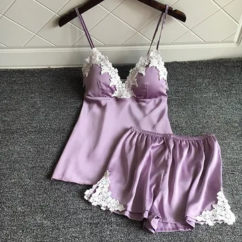 

2020 New Women's Sleepwear Sexy Satin Pajama Set Purple Fashion Lace V-Neck Pyjamas Sleeveless Cute Pajamas Sets For Women Short