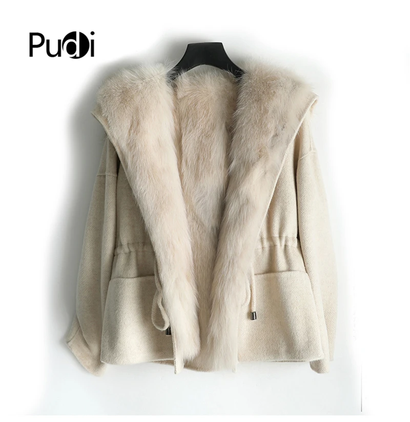 

PUDI ZY18166 Women real wool fabric belt coat lady fox fur lining with hood leisure Fall/Winter wool long outwear