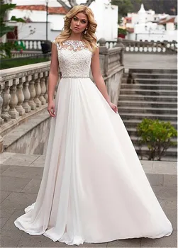 

Scoop Neck Lace Appliques A-Line Wedding Dresses 2020 Spring V-Shape Back Bridal Gowns Chiffon Skirt Spring Beach Custom Made