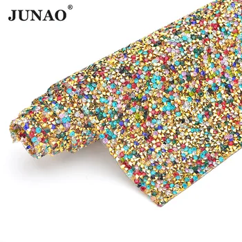 

JUNAO 24*40cm Mix Color Self Adhesive Rhinestones Fabric Mesh Gold Crystal Stickers Strass Trim Applique for Decoration