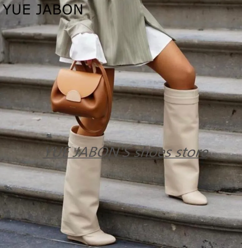 

Genuine Leather Shark Lock Women Wedge Boots Suede Knee High Heel Boots Pointed Toe Long Boots Female Wedges Heel Botas Mujer