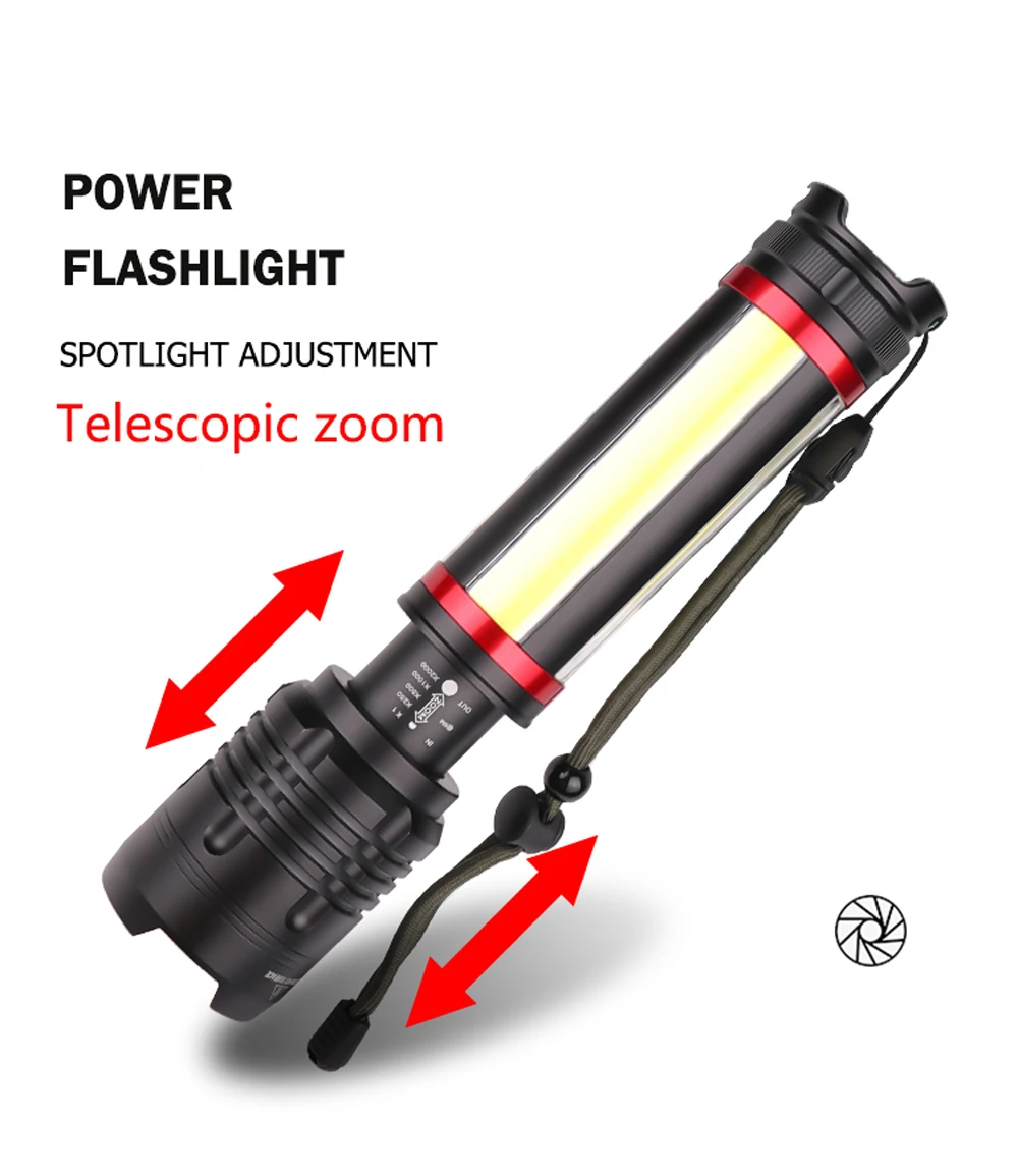 Newest portable Built-in 7200mAh XHP70.2+COB LED Flashlight 7 modes USB Rechargeable Zoom Waterproof Torch Lantern for Camping