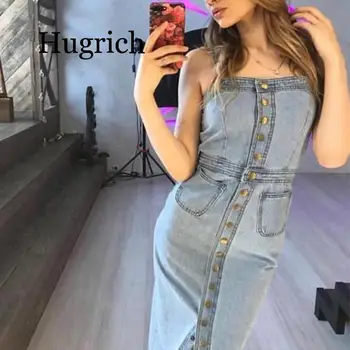 

2020 Summer Women Denim Dress Sundress Cotton Overall Dress Vintage Blue Casual Sexy Bodycon Jeans Dress