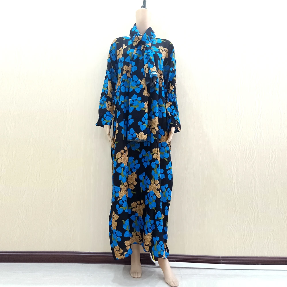 Dashikiage оранжевое хлопковое платье с принтом тюльпана, Повседневное платье с длинным рукавом и круглым вырезом, африканские платья Дашики, шарф 180 см* 120 см - Цвет: Синий