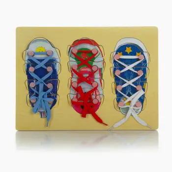 

Kids Wooden Puzzles Learning tie shoelace baby wood educational Shoe jigsaw puzzle toy Practice tying shoelace Montessori puzzle