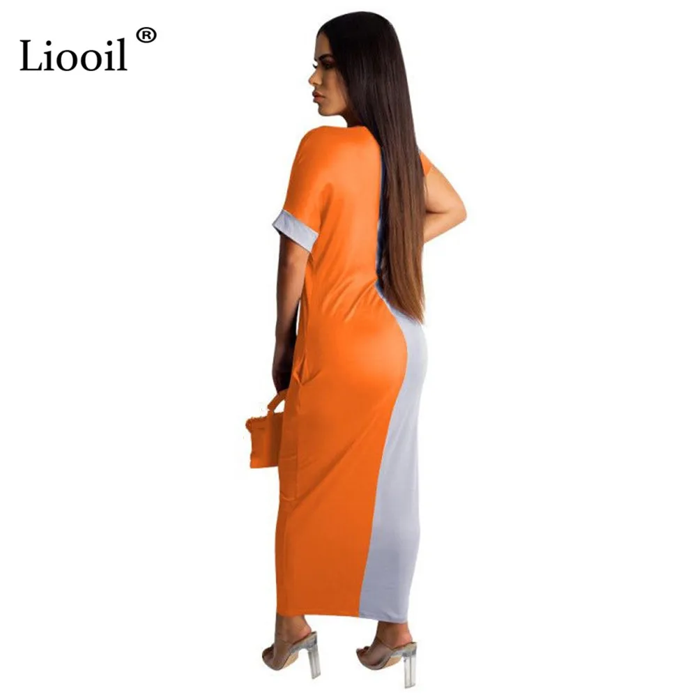 Liooil цвет блок Плюс Размер Bodycon Длинное Макси платье сексуальные Клубные наряды с коротким рукавом О образным вырезом оранжевые платья женские вечерние ночной клуб