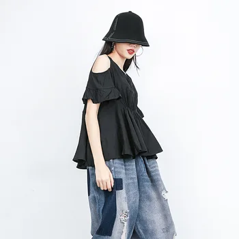 

Summer O Neck Pullover T-shirt Black Cool Off-shoulder Large Tops Loose Tees For Women New Casual Clothes For Fashion Lady