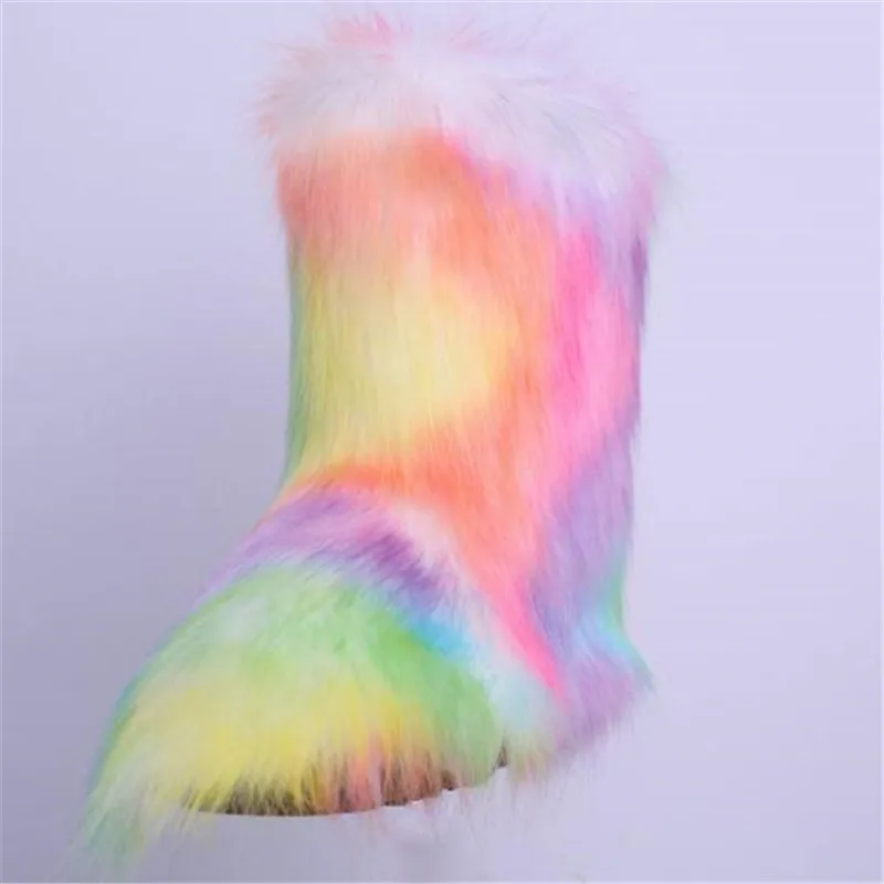 sets14 Women's Winter Faux Fox Fur Snow Boots Woman Warm Furry Shoes Female Ankle Boots Ladies Platform Botas Mujer White/Black Shoes - Цвет: sets14