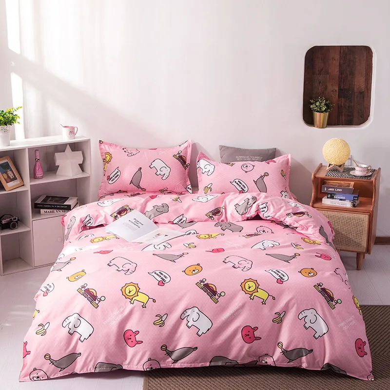 

Princess pink bedding set cute cartoon animals printing 4pcs bed set elephant lion dolphins printed kids quilt cover pillowcases