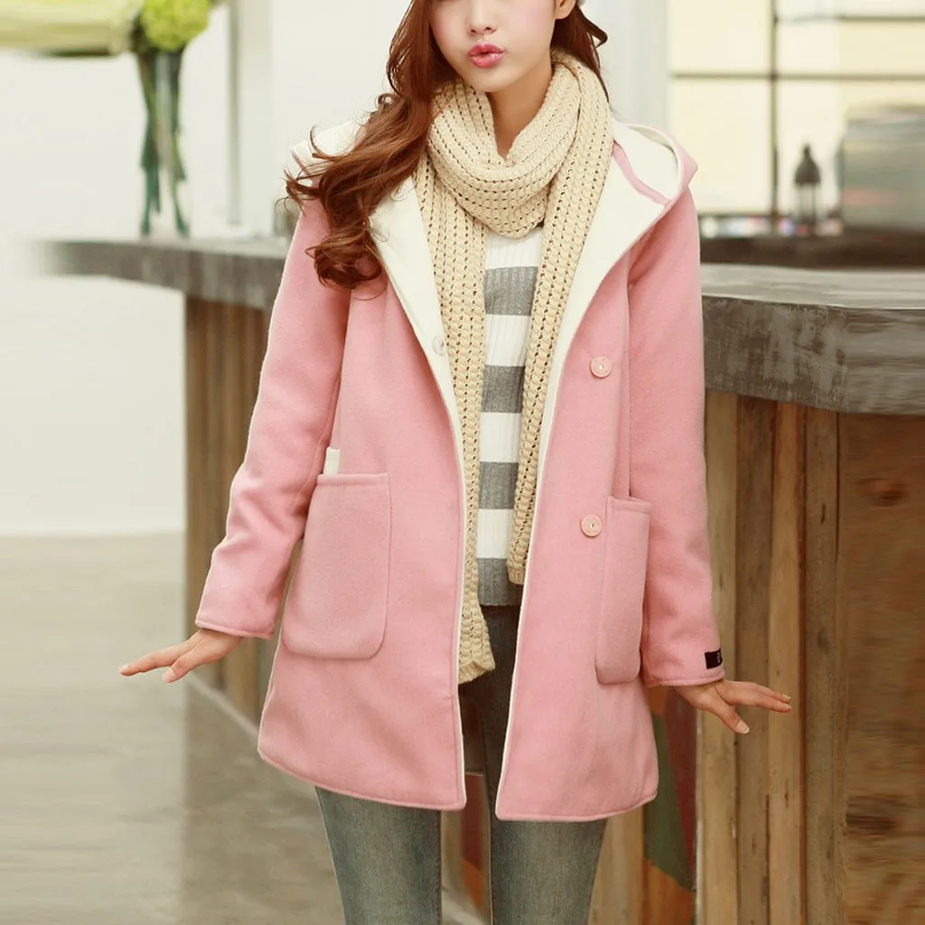 WOMAIL модное повседневное пальто средней и длинной куртки с капюшоном зимнее шерстяное плотное пальто большого размера однотонное высококачественное пальто - Цвет: PK