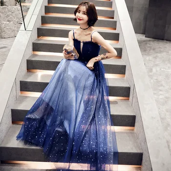 

Female Dreamy Blue Stars Women Dress Sexy Sling Slim Party Dress Lovely Elegant Lace Clothes Sequined Long Club Dress