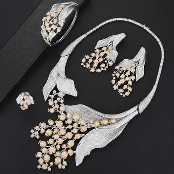 

SISCATHY 2019 Trendy Wedding Jewelry Findings For Women Statement Flower Necklace Earrings Bangle Ring Jewelry Sets Accessories