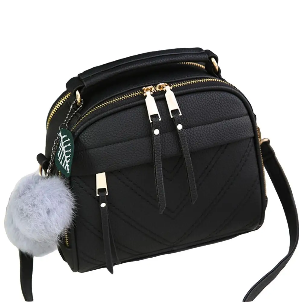 

Women Solid Color Plush Ball Leaf Pendant Zip Shoulder Crossbody Bag Handbag