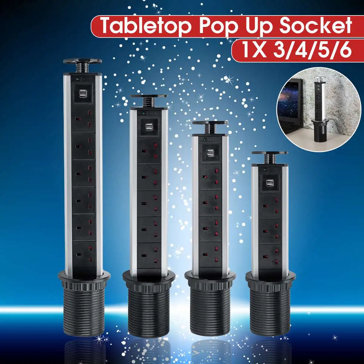 

16 A UK Plug 3/4/5/6 power Kitchen Table Electrical Socket Desktop Sockets Power 1 Led+2 charge USB Aluminum Shelf