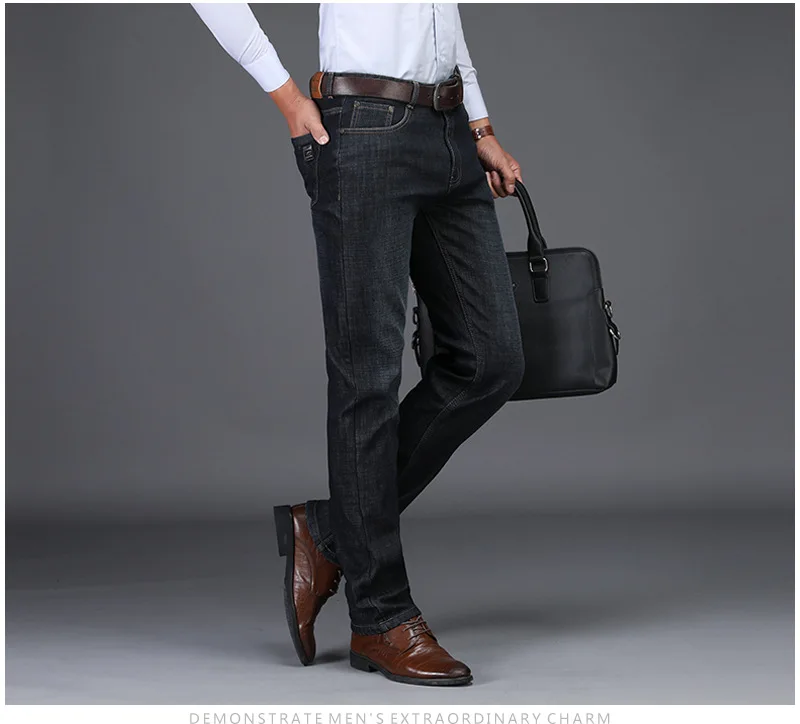 Brand Jeans Men Warm Winter Straight Fleece Pants Male Classic Business Casual Long Trousers Big Size 29-42 Black High Quality