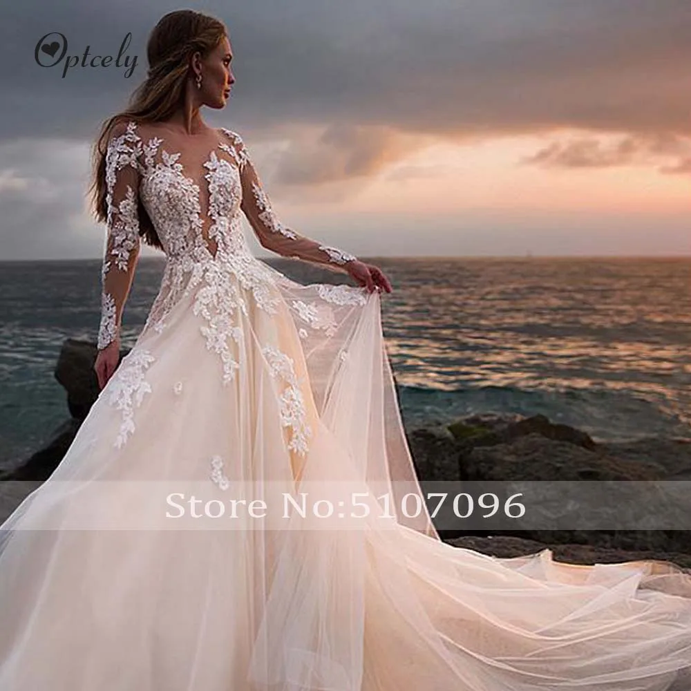 Optcely Vestido de Noiva изысканное шампанское совок шеи с длинными рукавами трапециевидной формы свадебные платья 2019 богемные кружева аппликации