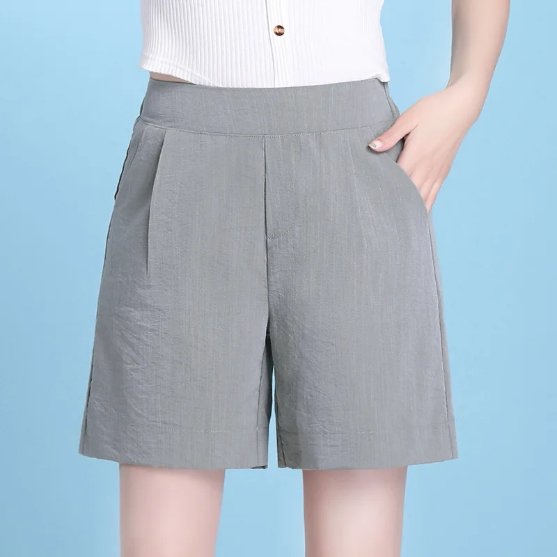 

Хлопчатобумажные льняные шорты для женщин, прямые свободные короткие брюки, эластичный пояс, Повседневная Уличная одежда, большой размер, лето