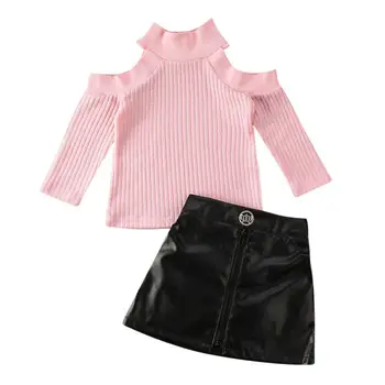 

2020 Baby Spring Autumn Clothing 2PCS Toddler Kids Baby Girls Long Sleeve Cutout Turtleneck Tops PU Mini Skirt Outfits Clothes