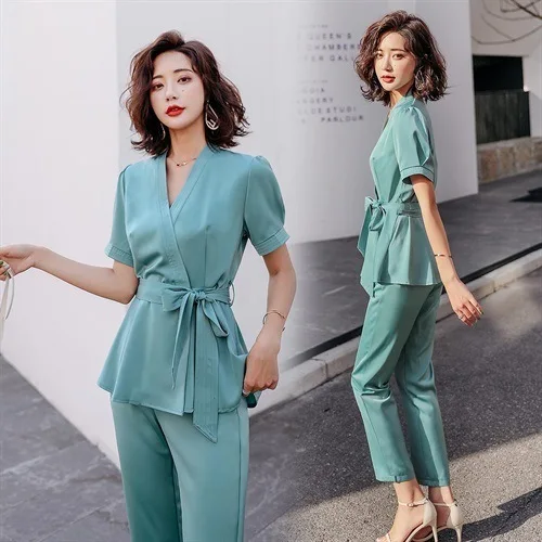 

Set/Suit Skirt 2019 Summer V-neck Fashion Slim Fit Versatile Elegant Solid Color Simple Comfortable Lace-up
