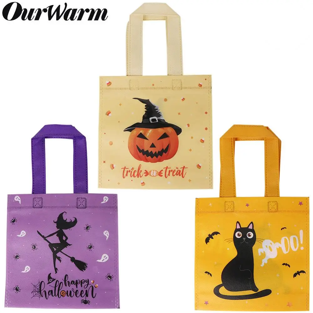 

OurWarm 24Pcs Halloween Non-Woven Candy Bags Handle Pumkin Cat Trick or Treat Bags for Kids Candy Pouches Halloween Party Decor