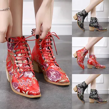 

Women Boots Casual Pointed Toe Square heel Shoe Fashion Cloth Embroidery Boot Lace-Up Solid Boot Ankle Boots Women 2019