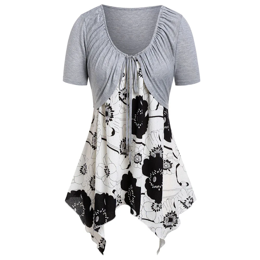 

fashion Plus Size Floral Handkerchief Cami Top With Tee Sets Short Sleeve Summer T-Shirts Women Bow Print Oversized Casual Tees