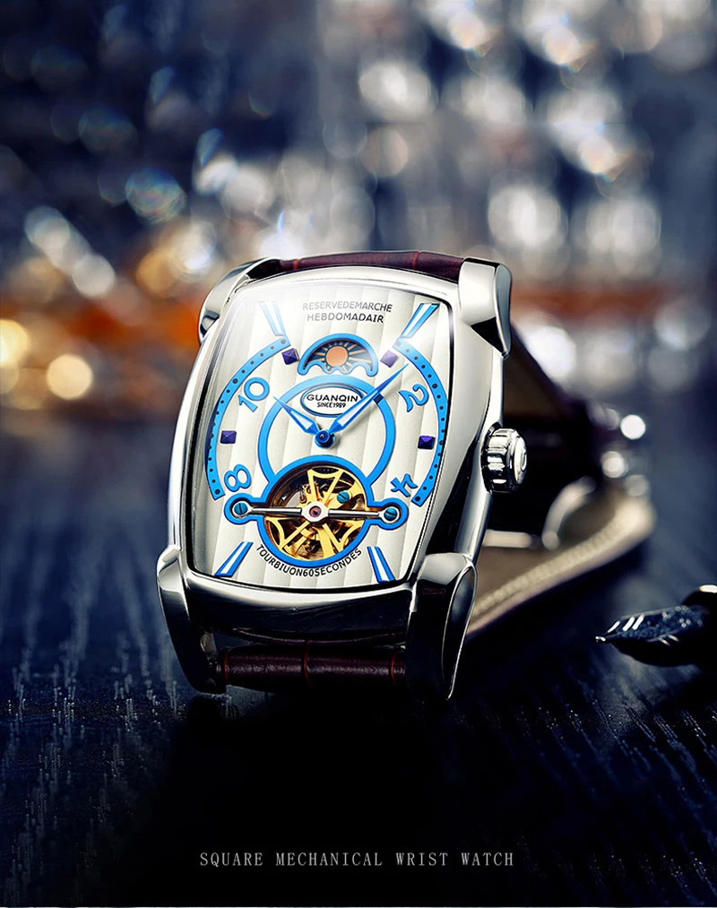 GUANQIN Tourbillon часы Автоматические Брендовые мужские механические роскошные часы Скелет прямоугольник кожа золото мужские часы