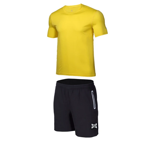 2PCS yellow set1 Детская компрессионная одежда для бега, спортивный костюм, рубашка+ шорты, Детская футболка для футбола, баскетбола, футбола, тренажерного зала, фитнеса, колготки, леггинсы - Цвет: 2PCS yellow set1