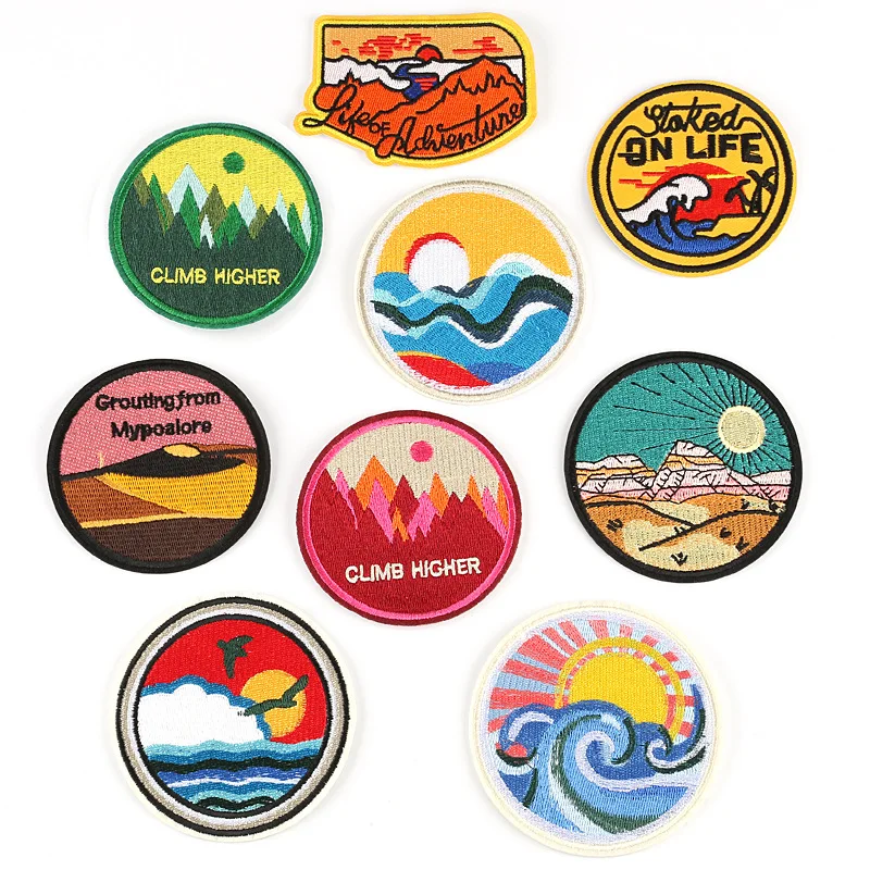 

Sunset Badge Round Medal Travel Landscape Rocket Stranger Things Iron Patch for Clothing Punk Embroidered Patches On Clothes DIY