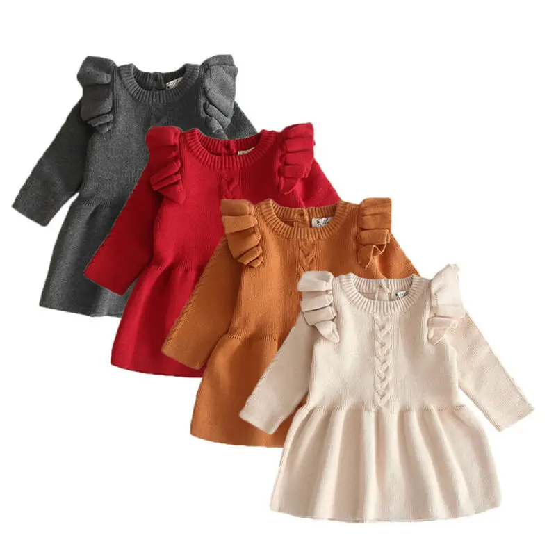 Toddler Kids Baby Girls Dresses Spring Winter Long Sleeve Solid Knitted Sweater Pullovers Crochet Princess Tutu Dress | Детская одежда