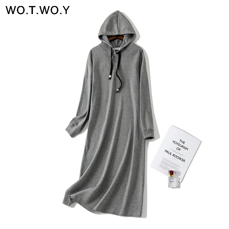 8236Grey WOTWOY Новые повседневные розовые прямые платья с капюшоном женские осенние зимние черные толстые свободные длинные платья-футболки женские до середины икры из хлопка - Цвет: 8236Grey