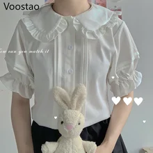 Japanischen Süßen Lolita Stil Blusen Frauen Kawaii Peter Pan Kragen JK Shirts Mädchen Nette Rüschen Kurze Puff Sleeve Blusas Mujer