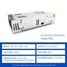 Fuente de alimentación conmutada AC DC, conversor de fuente de alimentación SMPS de 15 V, 30A, CA de 220V, 110V a CC de 15 V, transformador de iluminación SMPS de 15 Voltios, 450W