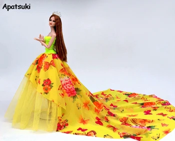 

Butterfly Flower Printing Yellow Evening Party Gown Dress For Barbie Doll Princess Dresses Outfits Clothes for 1/6 BJD Dolls Toy
