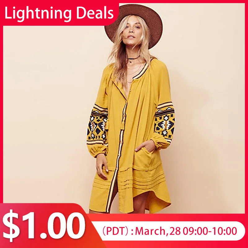 

Vintage Geometric Embroidery Mini Dress Female O Neck Long Sleeve Yellow Vestido Boho Beach Loose Casual Women Summer Dress 2020