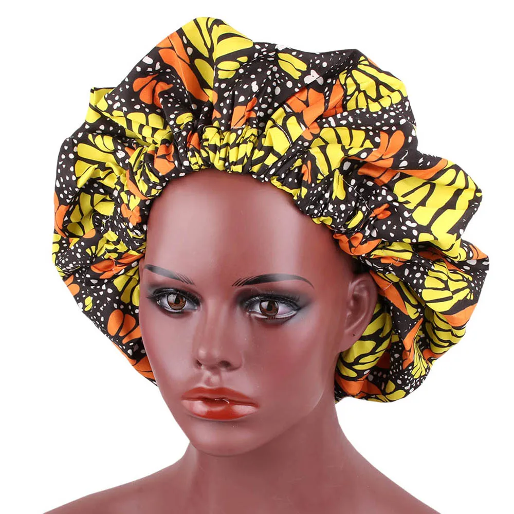 Extra Large Satin Lined African Bonnet Stretch Print Women Turban Ankara Bonnets Cap Hair Accessories - Цвет: Черный