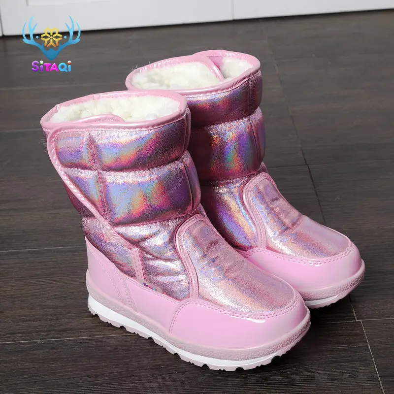 Белые ботинки для девочек, зимние теплые ботинки, толстый плюш, Натуральная шерсть, Детские утепленные лыжные ботинки, детские ботинки - Цвет: M903Pink